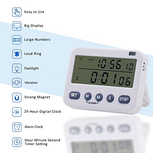 Digital Kitchen Timer, 100H Count UP/Down Cooking Timer, Large Display, Vibration/Flashlight/Loud Alarm, 24-Hour Clock & Alarm Clock, Magnetic Backing, Stand, for Cooking Baking Sports Games Office