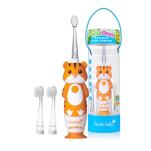 Brush-Baby - Kids Rechargeable Electric Toothbrush, 0-10 Years - WildOnes, Tiger Design with Flashing Lights - DeepClean Bristles for Superior Clean - 2X Replacement Heads, 1x USB Cable