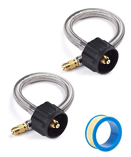 SHINESTAR 12inch Stainless Braided 1/4 Inverted RV Propane Pigtail Hose for Changeover Two Stage Regulator-2 Pack, Include Thread Seal Tape