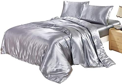 Dream Bedding Satin Silk Sheet Set 7 Pcs, Duvet Cover Set, Luxury Bedding Sets -Ultra Soft, Hypoallergenic, Durable-100% Top Grade Silk Cal-Queen, Grey