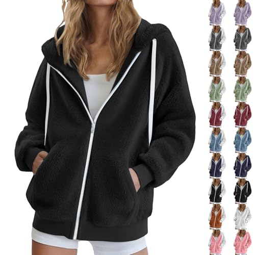 fleece jacket women, Winter Jackets For Women UK Puffer Coats Ladies Lightweight Fleece Jackets with Fur Hood Plus Size Trench Coat Long Sleeve Warm Outwear Outdoor Hiking Coat 01 Black XL