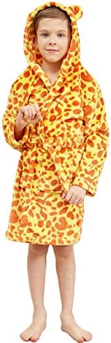 Boys & Girls Bathrobes, Plush Soft Coral Fleece Floral Hooded Sleepwear for Kids