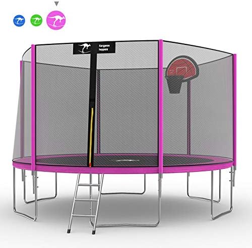 Kangaroo Hoppers 12 14 15 FT Trampoline with Safety Enclosure Net, Basketball Hoop and Ladder - 2019 Upgraded - Kids Basketball Hoop Trampoline - TUV and ASTM Tested - Multiple Color Choices