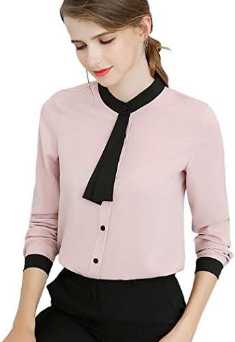 MIOIM Women's Solid Elegant Office Shirts Bow Tie V Neck Long Sleeve Layered Chiffon Blouse