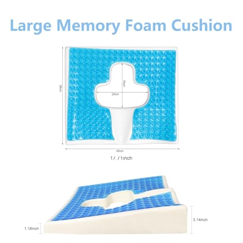Anti-Bedsore Cushion, Memory Foam & Gel Seat Cushion with T-Shaped Opening, Triangular Slope Design for Tailbone & Sciatica Pain Relief, Anti-Slip, for Wheelchair, Office & Home Use