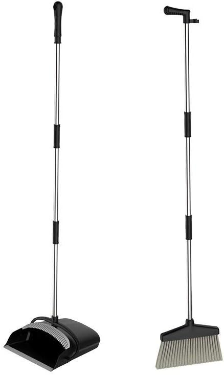 URARA Broom and Dustpan Dust Pan and Broom Combo Set/Long Handle Standing Upright Dustpan with Broom for Home Office Industry Lobby Floor Sweeping