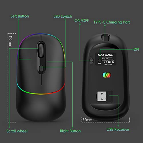 LED Wireless Mouse, RAPIQUE Rechargeable Silent RGB Light Up Computer Mouse with USB Receiver & Type-C Adapter, 2.4G Slim Portable Office Cordless Mice for Laptop, PC, ChromeBook, Tablet, Mac(Black)