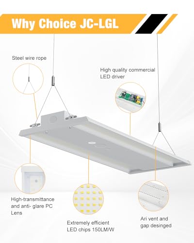JC-LGL LED Linear High Bay Light, 210W High Bay Shop Lights Fixture, Compatible with Industrial 120-277V, 31500LM Linear High Bay Light for Shop Garage Warehouse, UL Complied, 4 Pack, White
