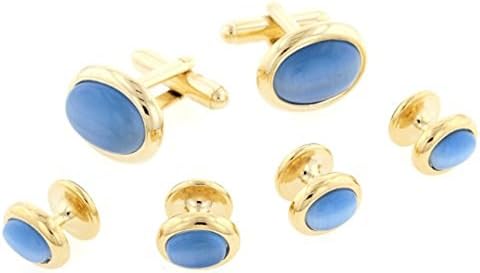 JJ Weston Mid Blue Cats Eye Tuxedo Cufflinks and Shirt Studs. Made in the USA.