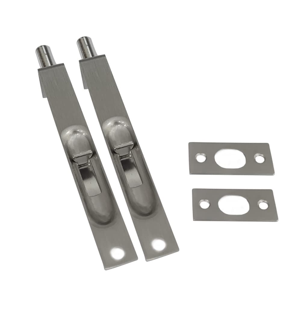 QCAA Solid Brass Flush Bolt, Square Shape, 6", Brushed Satin Nickel, 2 Pack, Made in Taiwan