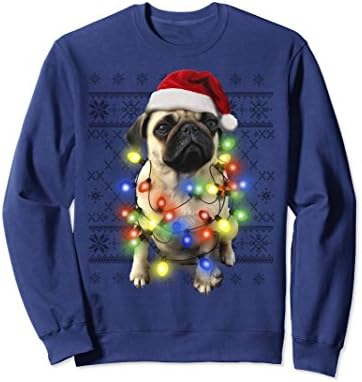 Unisex Ugly Sweater Photoreal Christmas Lights Pug Sweatshirt Medium Navy