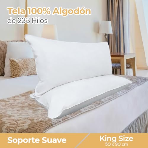 2 Almohadas Hoteleras King - Pluma de Ganso (Down) Alternativo Hoteles 5 Estrellas - Hipoalergenico 100% Algodón King Size 50x90cm Soporte Suave