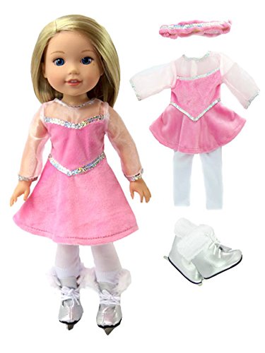 American Fashion World Little Pink Figure Skater with Skates-Fits 14 Inch Wellie Wisher Dolls | 14 Inch Doll Clothing