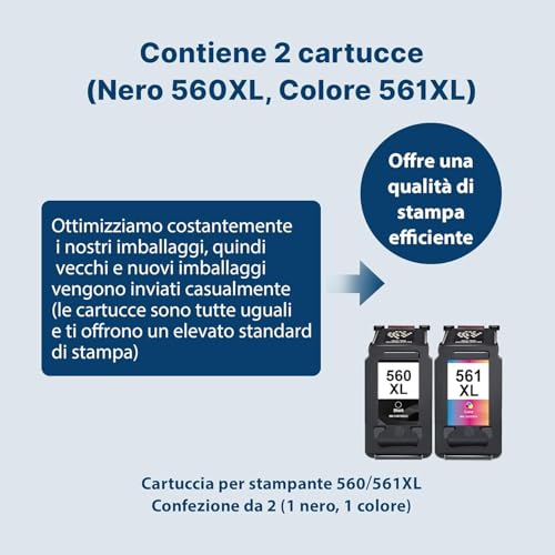 PG-560XL CL-561XL Ink Cartridges Replacement for Canon 560 XL 561 XL Black and Colour for Canon Pixma TS7450i TS5350i TS5350 TS7450 TS7451i TS7451 TS5351a TS5351 TS5352 TS5353 (1 Black, 1 Colour)