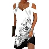 Black White M Summer Dresses for Women 2024 Cold Shoulder V Neck Vintage Print Cami Dress Beach Vacation Boho Mini Sundress