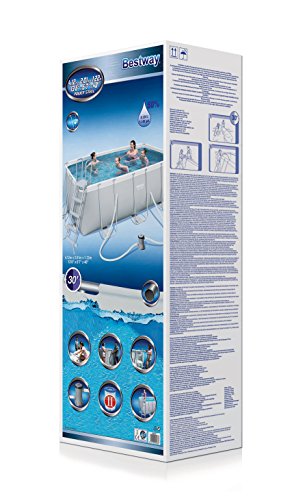 Bestway Frame Pool Power Steel, Set, hellgrau, rechteckig mit Filterpumpe und Sicherheitsleiter, 412 x 201 x 122 cm, grau – Bild 4