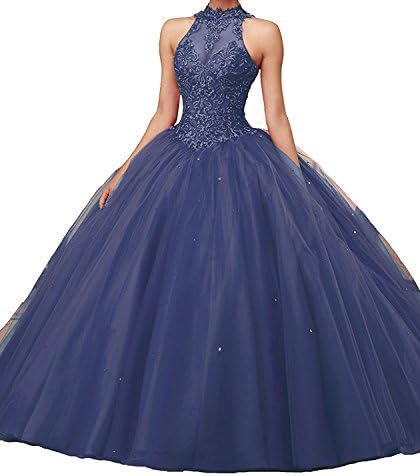 Loffy Gorgeous Long Prom Dreses Girls'Ball Gown Beads Quinceanera Dresses Navy Size 4