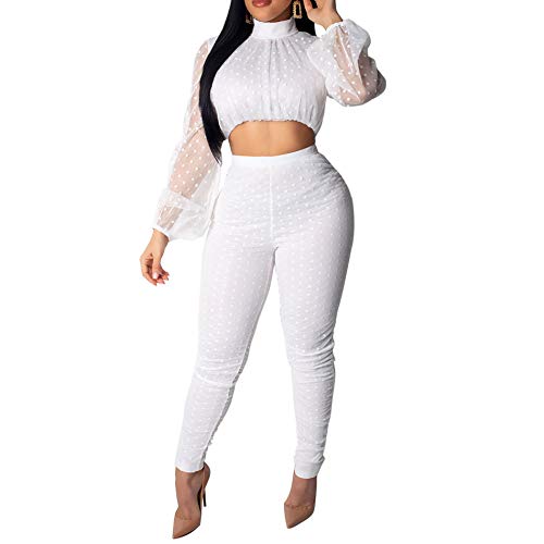 Womens Long Sleeve Two Piece Outfits for Women-Sexy Mesh Crop Tops and Long Pants Set Bodycon Jumpsuits White XL