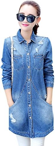 Wincolor Women's Button End Ripped Destroyed Lightweight Denim Jacket Trench Coat