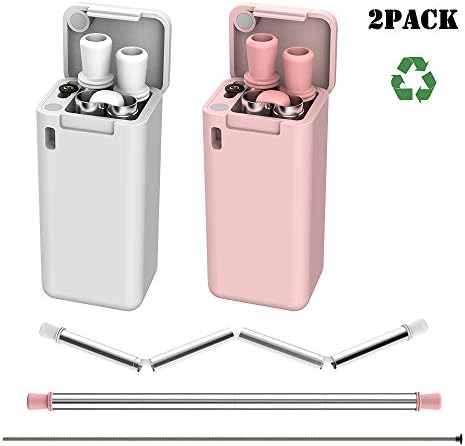 Collapsible Reusable Straws Stainless Steel 2 Pack,ELECHOK Folding Drinking Straws Food-Grade Silicone Portable Set with Keychain Hard Case Holder Cleaning Brush for Travel,Beach,School,Outdoor