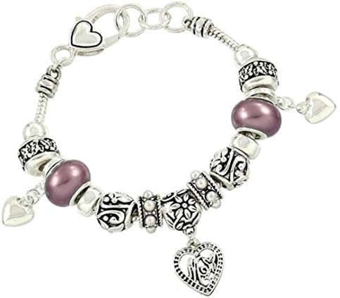 Mom Heart Charm Bracelet Z12 Pearl Purple Murano Beads Silver Tone