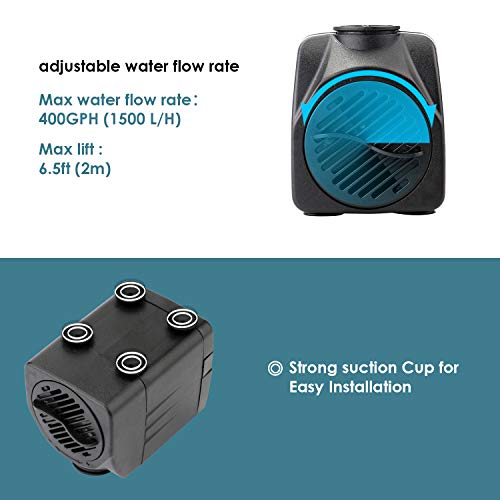 400 GPH Submersible Water Pumps for Aquarium, Tabletop Fountains, Pond, Water Gardens and Hydroponic Systems with Two Nozzles, CE-ROHS Approved, 5.9 ft Power Cord