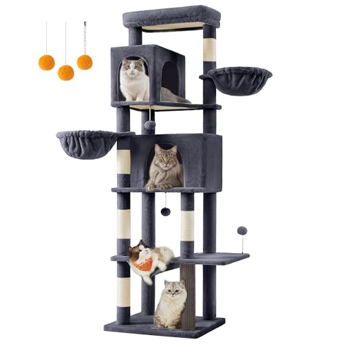 Albero per Gatti Grande, Torre Tiragraffi Alto 190,7 cm, Multilivelli con 2 Grotte, 2 Cestini, 5 Graffiatoi, Autospazzola, Trespolo, Amaca, Grigio Scuro PCT183G02