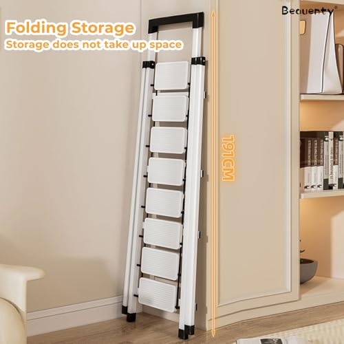 Beauenty Foldable Ladder, 7 Steps Ladder for Home, Anti-Slip Step Stool with Wider Pedal, Tools Holder, Portable Stepladder for Kitchen, Garden, Load-Bearing 150kg (Black)