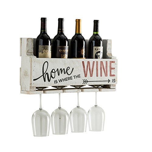 The Little Elm Wine Rack w/Quote 'Home is Where the Wine is', del Hutson Designs - USA Handmade Reclaimed Wood, Wall Mounted, 4 Bottle 4 Long Stem Glass Holder (White)