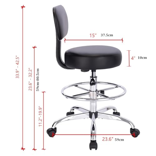 Drafting Chair with Backrest, Adjustable Footrest Rolling Stool with Wheels, Swivel Stool for Office Spa Studio Lab Counter Salon Work, Black 60 * 60 * 113Cm