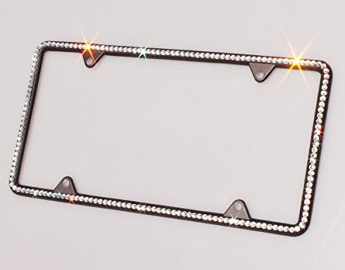Carfond 7 Row Pure Handmade Waterproof Bling Bling Rhinestones Stainless Steel Metal License Plate Frame with 2 Holes Bonus Matching Screws Caps (1 Row Black/Silver Crystal)