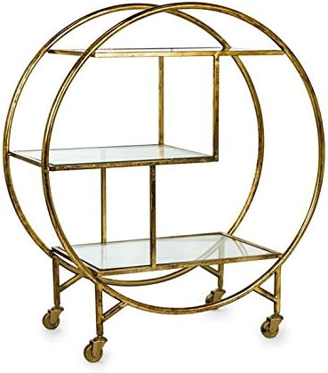 mcg Antiqued Gold Metal & Glass Shelves Bar Hostess Trolley - 93h x 82w x 37cm