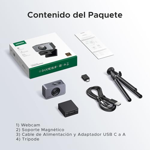 UGREEN FineCam Cámara Web 4K Ultra HD, 2 Micrófono con Cancelación de Ruido,Enfoque Automático, Face AE, 70° FOV, Adaptador USB-A/USB-C para PC/Portátil/Windows/Mac/Linux,Para Videollamadas, Streaming