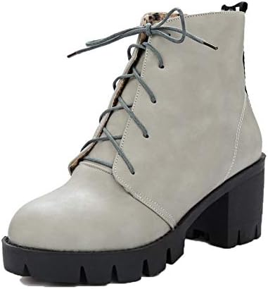 AgooLar Women's Low-Top Lace-Up Pu Kitten-Heels Round-Toe Boots, GMDXB135446