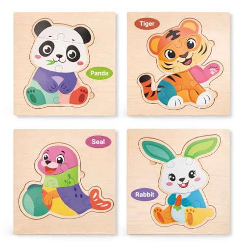 Kit 4 Quebra-Cabeças de Madeira Infantil Montessori | Brinquedo Educativo de Encaixe com Animais | Coordenação Motora e Aprendizado para Crianças 2 a 4 Anos (ANIMAIS)