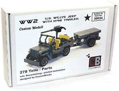 custom bricks Model WW2 WWII US Army MB Willys Jeep Trailer M416 out of LEGO bricks