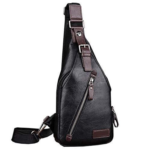 Hebetag Leather Sling Bag Crossbody Backpack Daypack for Men Women Outdoor Travel Camping Fishing Hunting Hiking Crossbody Shoulder Chest Pack Daypack Black
