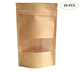 50 PCS All-Purpose Kraft Paper Stand Up Bag, Zip Lock Reusable Kraft Package Bag Storage Pouch with Notch and Transparent Window for Storing Seeds, Snack and Nuts – Brown(50, 5.5”7.8”)