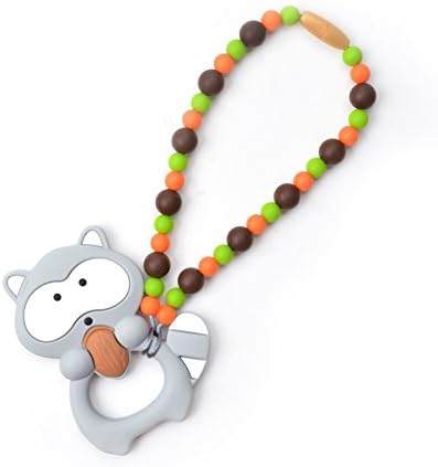 Nummy Beads Gray &amp; Brown Raccoon Teether Toy Attaches To Baby Carrier, Car Seat, High Chair, Stroller or Diaper Bag