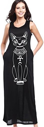 Women Cat Sleeveless Long Maxi Dress Ladies Summer Beach Bohemian Sundress