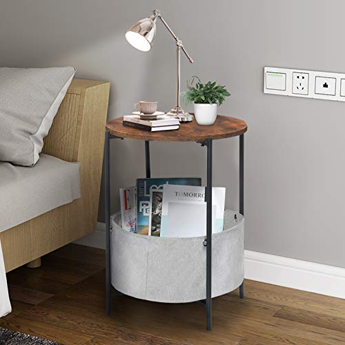 KingSo Round End Table 2Tier Side Table with Storage Basket for