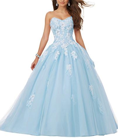 Elley Women's Sweetheart Lace Applique Sequins Tulle Strapless Floor Length Ball Gown Debutante Dress Sky Blue US8