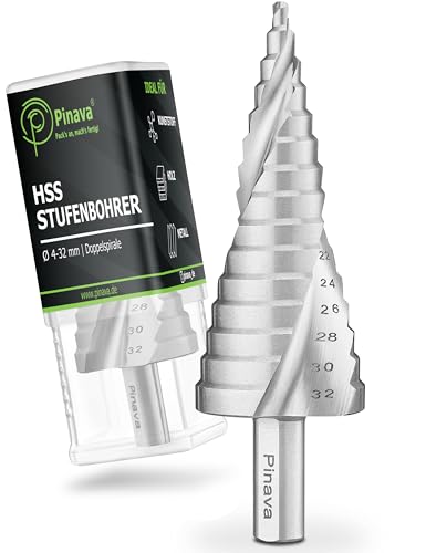 Pinava® Stufenbohrer 2Xspiral Ø4-32 [Scharf &Amp; Verbesserte Spanabfuhr] Kegelbohrer Für Metall, Holz, Kunststoff - Hss Stahl Bohrkegel Kunststoffbohrer - Blechbohrer Lochbohrer Schälbohrer 15 Stufen