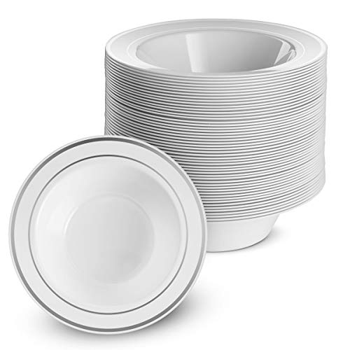 100 Disposable White Silver Trim Plastic Dessert Bowls | SMALL 6 oz. Premium Heavy Duty Disposable Dinnerware with Real China Design | Safe & Reusable and Great for Parties (50-Pack) by Bloomingoods