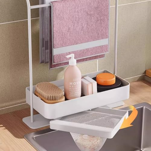 OEOEKHDJ MULTIFUNCTIONAL SPONGE HOLDER WITH STRAINER BASKET FOR KITCHEN SINK, KITCHEN TOWEL RACK SINK FILTER NET ORGANIZER FOR SPONGE BRUSH SOAP DISHCLOTH CLOTH RACK WITH 100 SINK STRAINER (WHITE)
