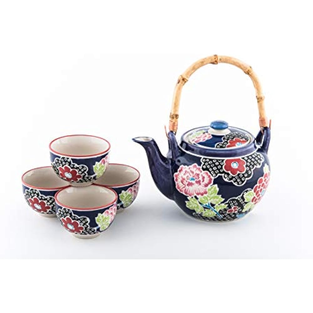 Japanese Teapots Style Floral Design Set Ceramic With Rattan Handle 4