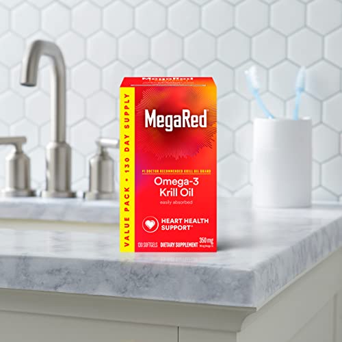 MEGARED – OMEGA-3 KRILL OIL 350MG SOFTGELS (130 COUNT IN A BOTTLE), EPA & DHA OMEGA-3 FATTY ACIDS WITH NO FISHY AFTERTASTE UNLIKE FISH OIL, CONTAINS ANTIOXIDANT ASTAXANTHIN