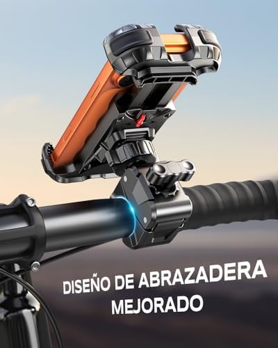 Soporte Movil Moto 360° Rotación, Cerradura 1s y Protección Segura Soporte Movil Bicicleta para Manillar de 0.71-1.4" Diámetro, Soporte Móvil Bicicleta Compatible con iPhone 4.7-6.8", GPS
