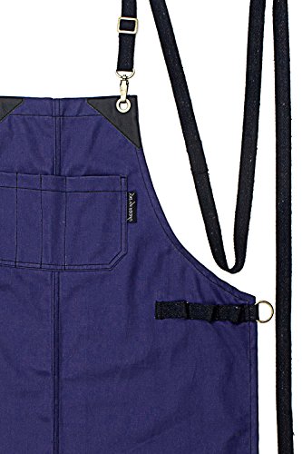 Under NY Sky Barber Indigo Blue Apron – Cross-Back with Durable Waterproof and Oil Proof Twill, Leather Reinforcement and Split-Leg – Adjustable, Men and Women, Pro Tattoo, Stylist, Bartender Aprons