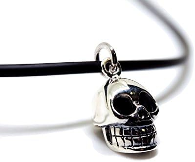 Men Gothic Skull 925 Sterling Silver Mens Biker Rocker Punk Pendant + PVC Necklace 18 inch 2mm.